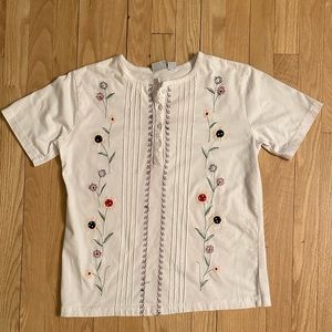 Haband Women’s White Floral Embroidered Short-Sleeved Henley, Size Small